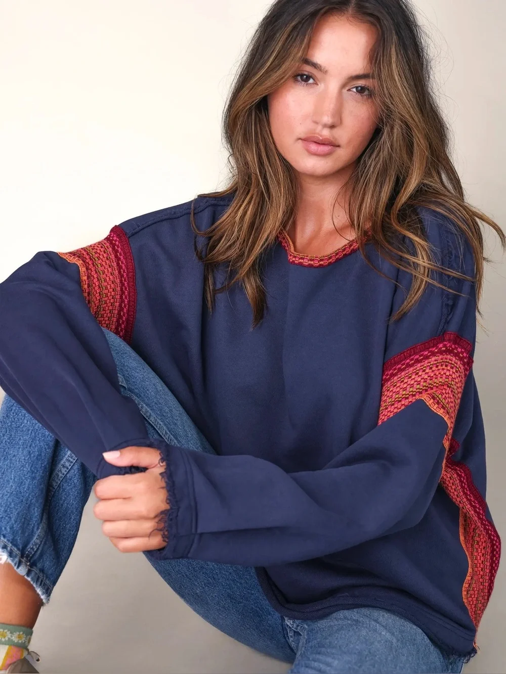 Natural Life Knit Trim Sweatshirt Large / XL navy boho oversized lightweight - Picture 5 of 11